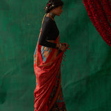 Uttama' Kalamkari with Zari Pure Pochampally Ikat Silk Sari