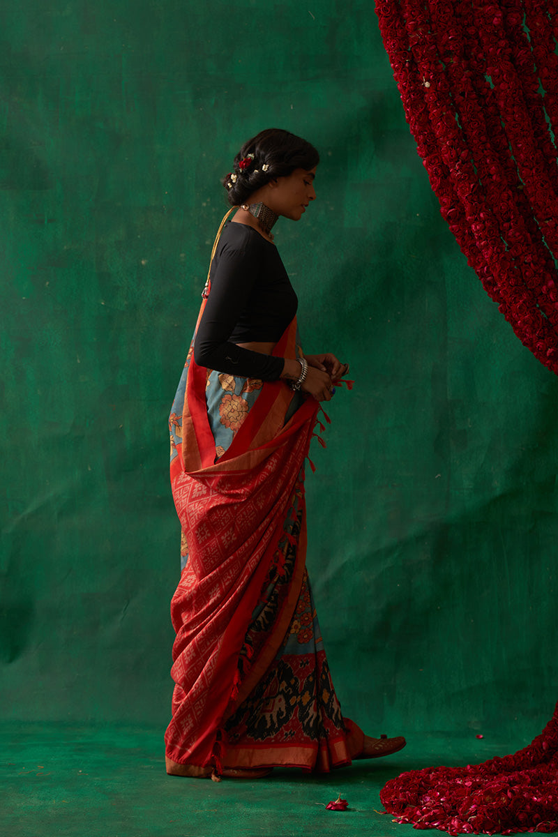 Uttama' Kalamkari with Zari Pure Pochampally Ikat Silk Sari