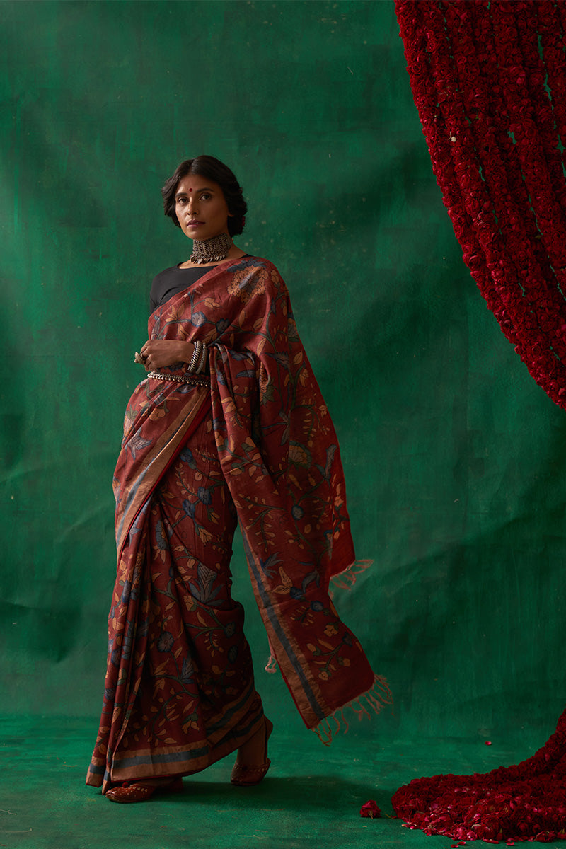 Apsara' Kalamkari with Zari Pure Tussar Silk Sari