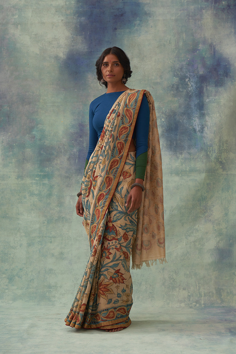 'Pragalbha' Kalamkari with Zari Pure Banarasi Silk Sari
