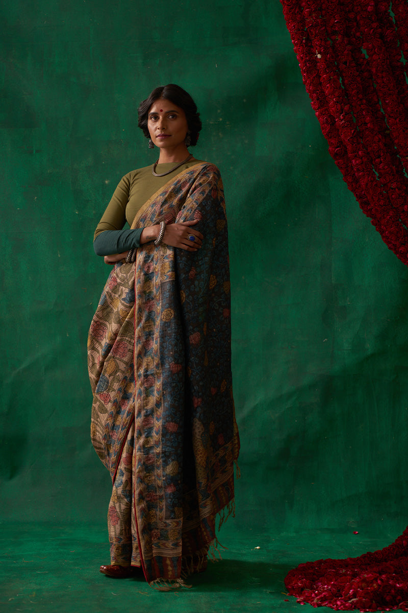 Raagini' Kalamkari Pure Tussar Silk Sari