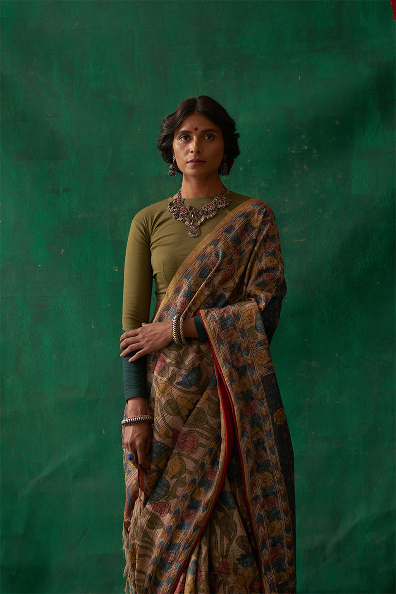 Raagini' Kalamkari Pure Tussar Silk Sari