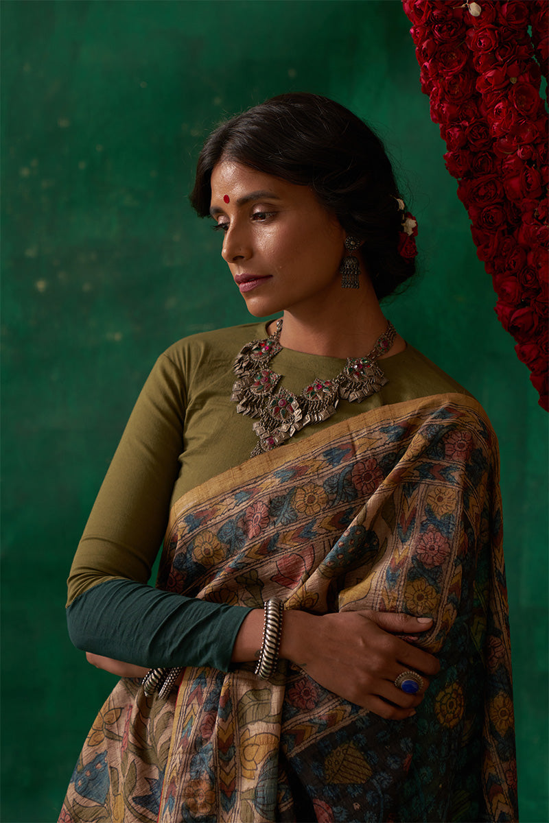 Raagini' Kalamkari Pure Tussar Silk Sari