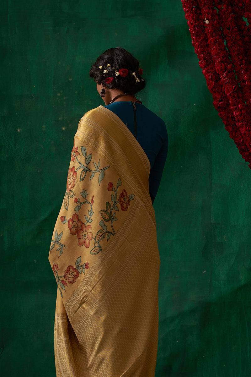 Thumri' Kalamkari with Zari Pure Kanjivaram Silk Sari