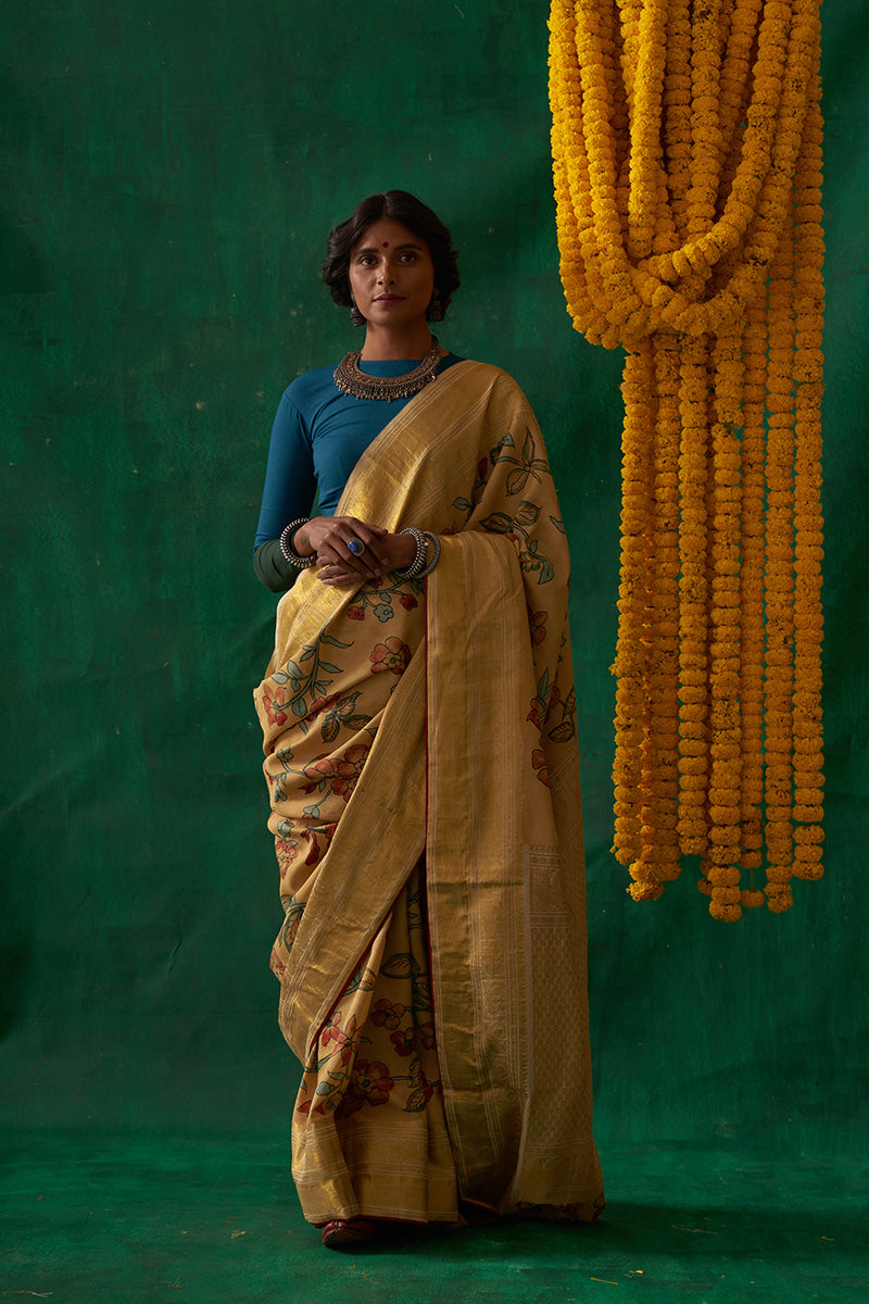 Thumri' Kalamkari with Zari Pure Kanjivaram Silk Sari