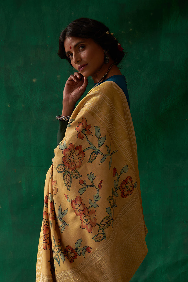 Thumri' Kalamkari with Zari Pure Kanjivaram Silk Sari