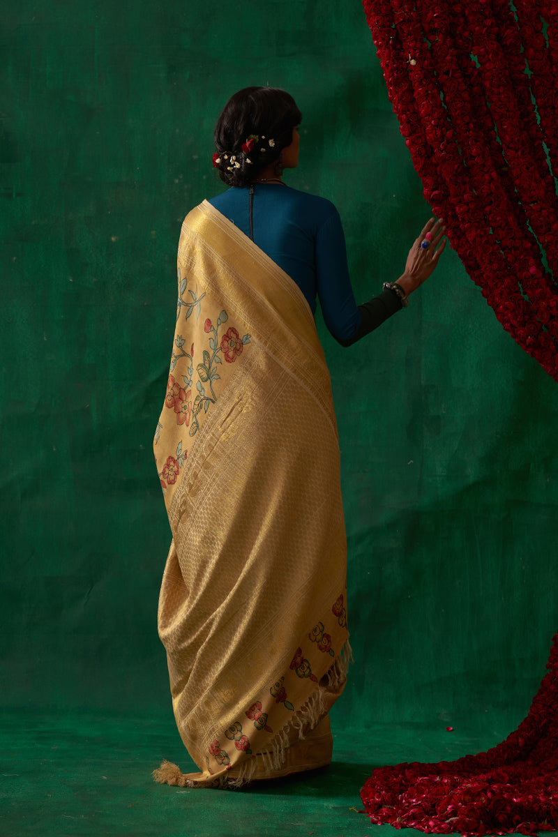 Thumri' Kalamkari with Zari Pure Kanjivaram Silk Sari