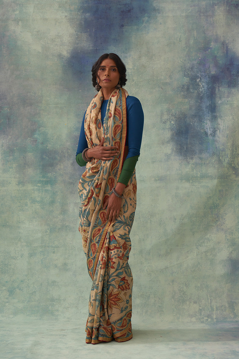 'Pragalbha' Kalamkari with Zari Pure Banarasi Silk Sari