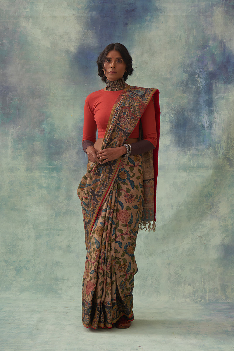 'Chitrani' Kalamkari Pure Tussar Silk Sari