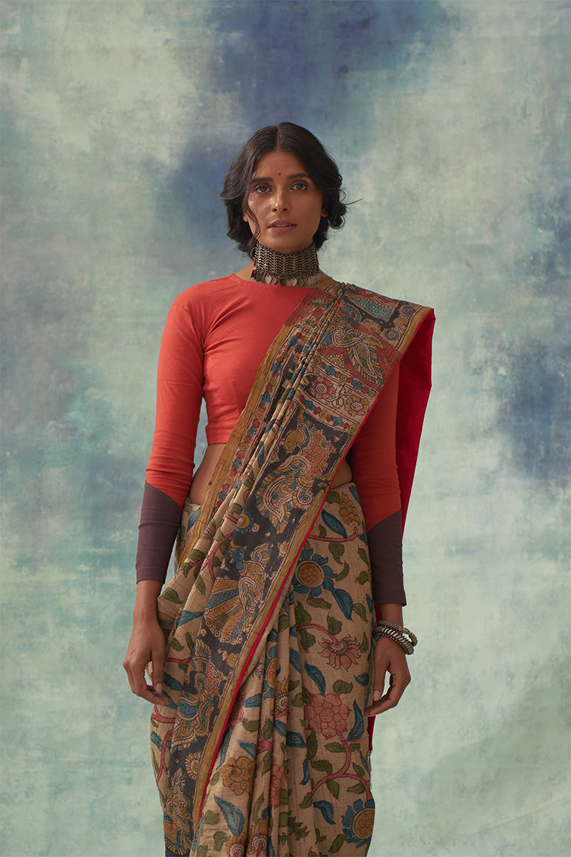 'Chitrani' Kalamkari Pure Tussar Silk Sari