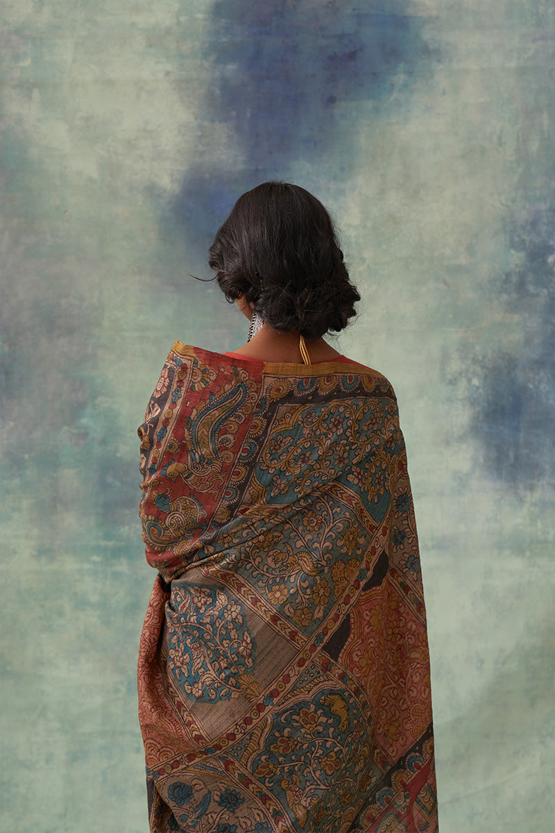 'Chitrani' Kalamkari Pure Tussar Silk Sari