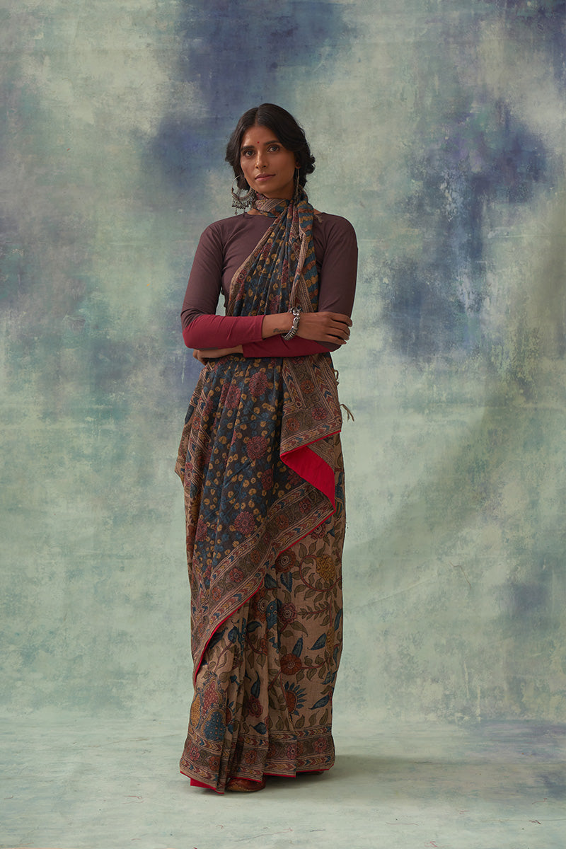 'Chandan' Kalamkari Pure Tussar Silk Sari