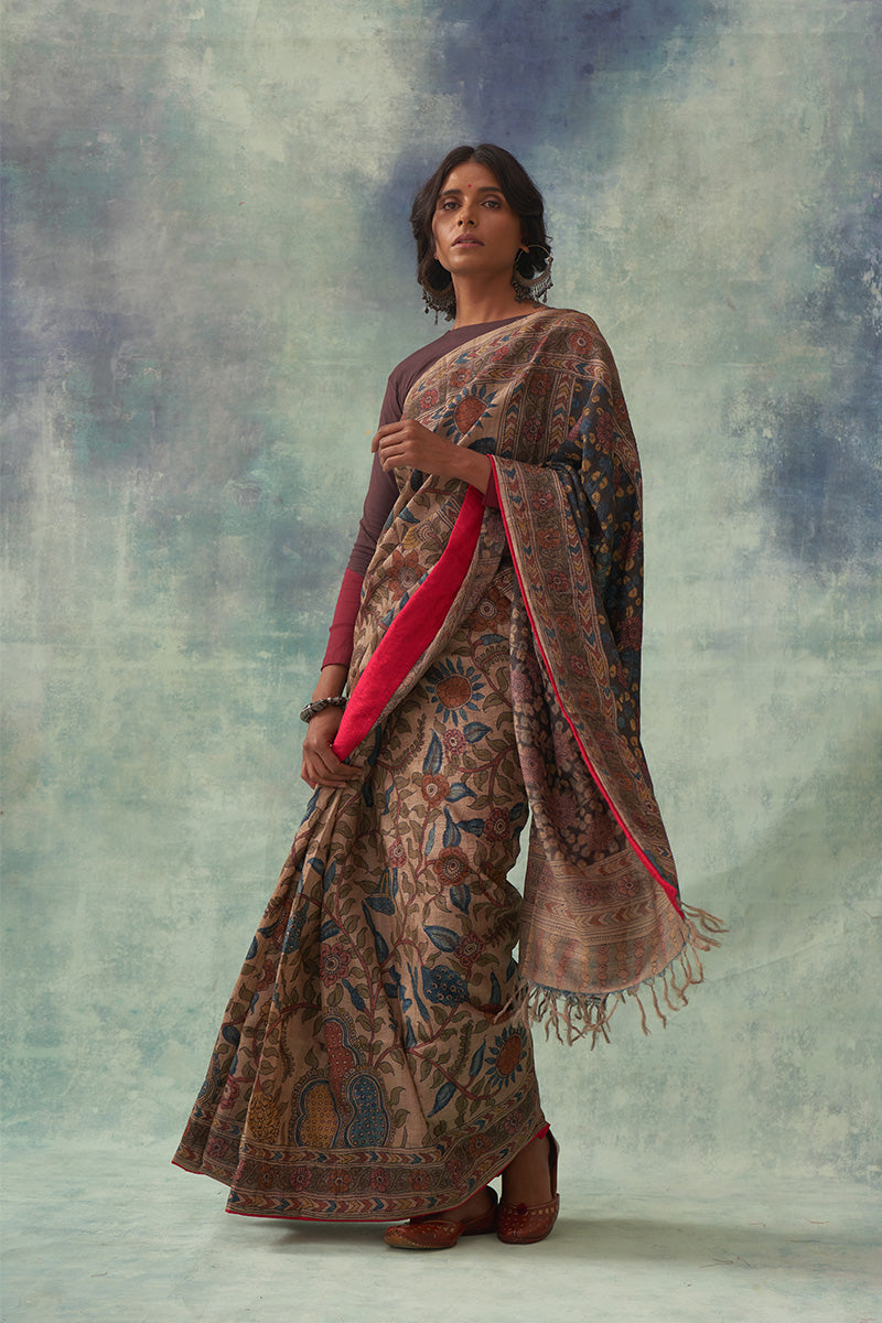 'Chandan' Kalamkari Pure Tussar Silk Sari