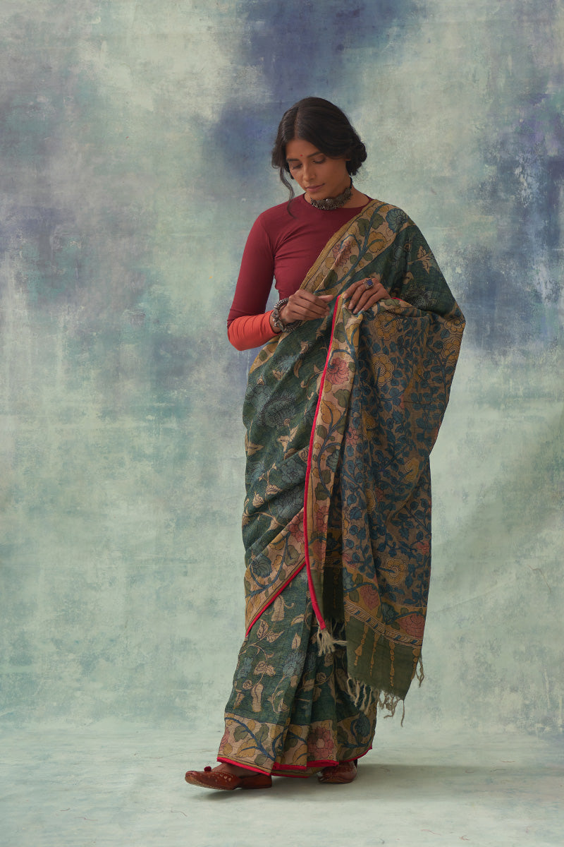'Shankhini' Kalamkari Pure Tussar Silk Sari