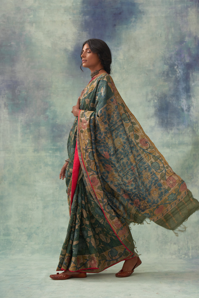 'Shankhini' Kalamkari Pure Tussar Silk Sari