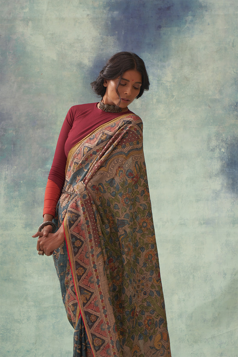 'Kankan' Kalamkari Pure Tussar Silk Sari