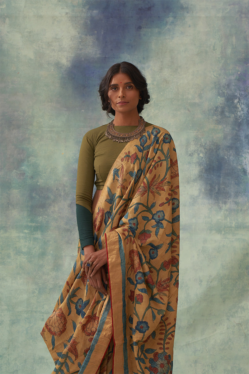 'Moti' Kalamkari with Zari Pure Banarasi Silk Sari