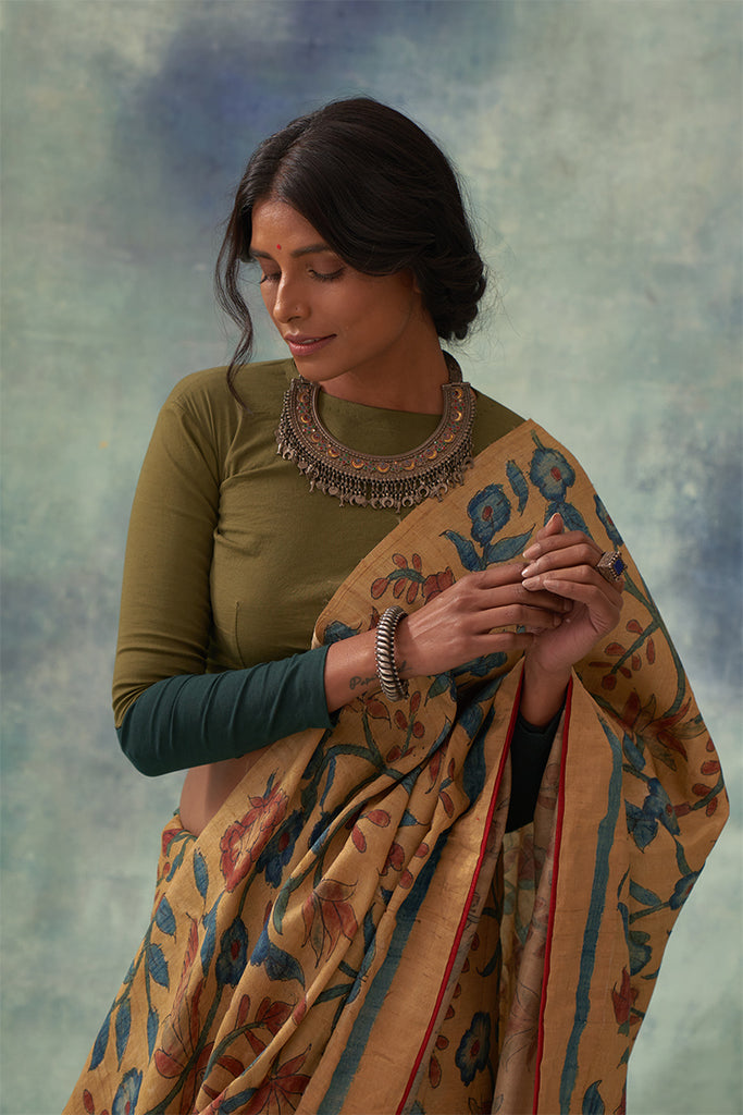 'Moti' Kalamkari with Zari Pure Banarasi Silk Sari