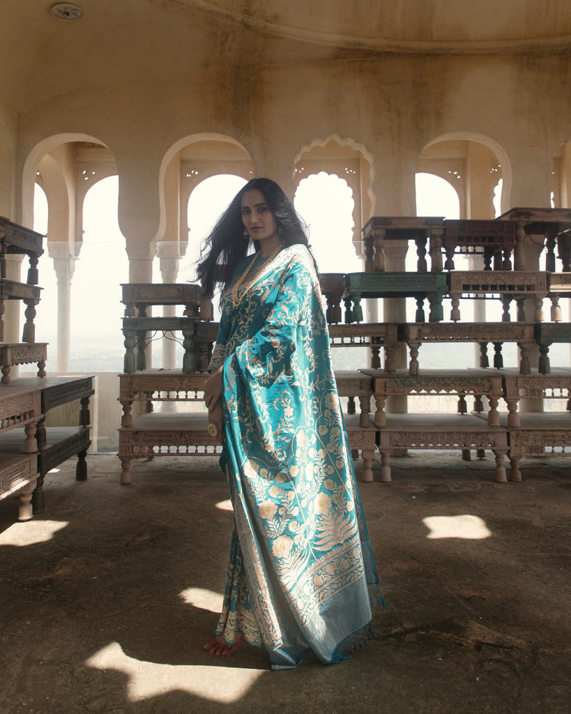 'Jaal Manjari' Firozi Jangla Zari Pure Silk Benarasi Handloom Sari