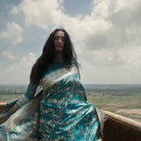 'Jaal Manjari' Firozi Jangla Zari Pure Silk Benarasi Handloom Sari