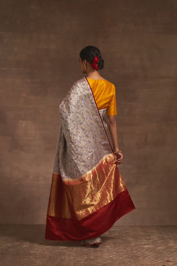 'Natkhat Chiraiya' Slaty Tanchoi Benarasi Handloom Sari