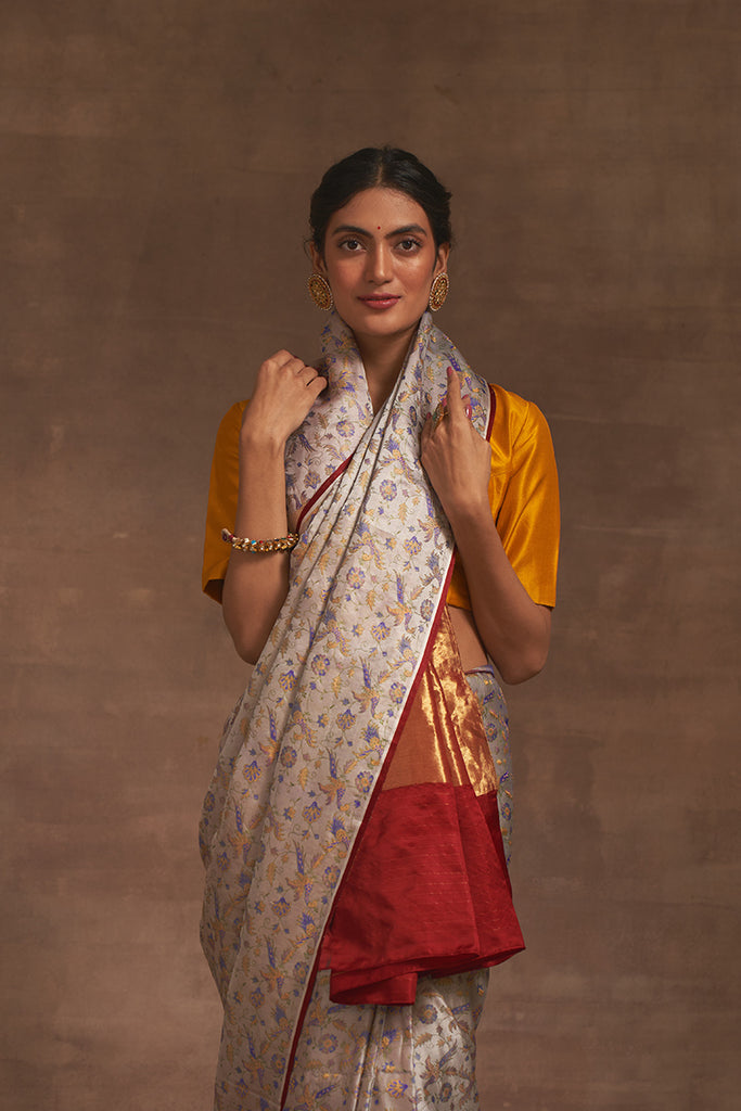 'Natkhat Chiraiya' Slaty Tanchoi Benarasi Handloom Sari